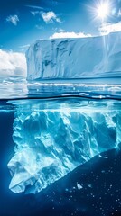 Fototapeta premium An iceberg in the ocean with its underwater part and bright sun in the sky is useful in articles about ecology, nature, and climate change.