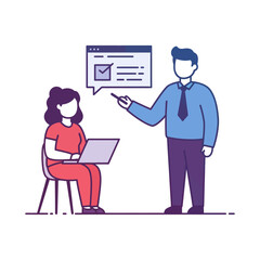 tutor educating student online learning concept a teacher explains a checklist to a student on a laptop illustrating education and support