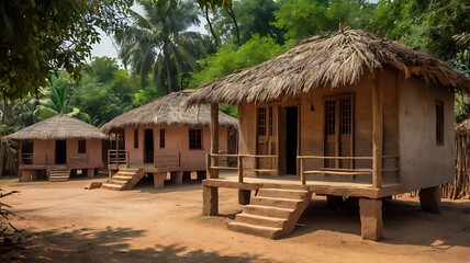 Row of traditional mud huts with thatched roofs in a rural indian village showcasing vernacular architecture and cultural heritage