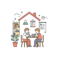 Two children homeschooling together at a table indoors focusing on learning with books and notebooks in a cozy home setting ideal for education content.