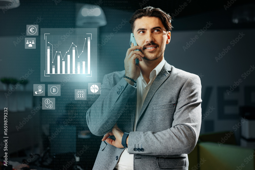 Poster business professional engaging in a phone call while analyzing digital data in a modern office envir