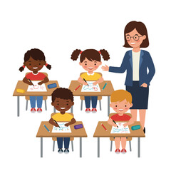 On Teacher's Day, a joyful flat 2D vector illustration depicts diverse children drawing creatively at a classroom desk as their proud teacher watches, celebrating education and student artistry.