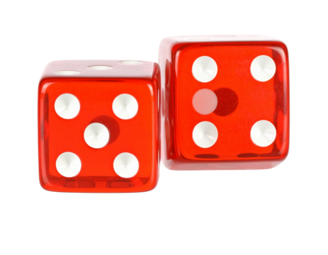 A - Stacked Red Dice with Reflections, Side View, Isolated on Transparent Background.