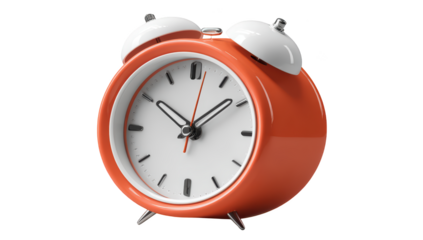 Orange alarm clock with white face, hands pointing to time. Classic design, ready for morning