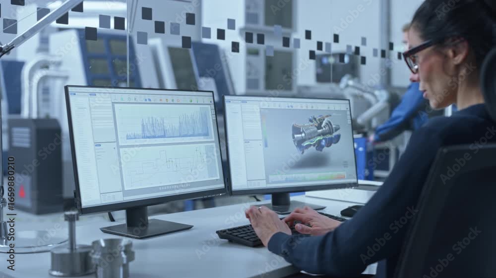 Poster engineer in a high-tech office uses cad software on monitors to design a turbine engine, focusing on