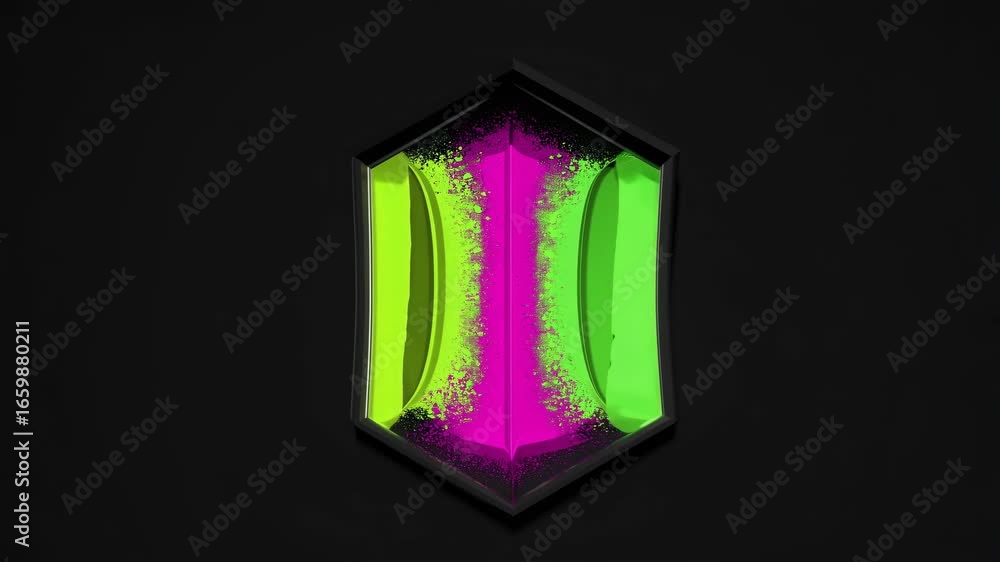Poster vibrant neon powder movement in a geometric shaped container, creating a dynamic visual effect with 