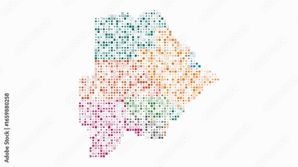 Poster Botswana map animation. Shape of the country with pulsating colored dots. Small size square blocks. Digital style Botswana map on white background. Trending video.