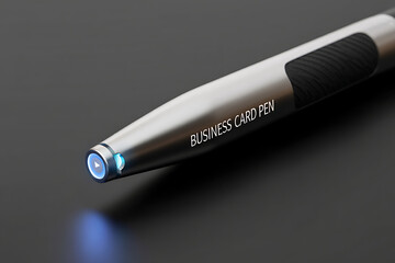 Close up of a sleek metallic pen with a bright blue led light at its tip