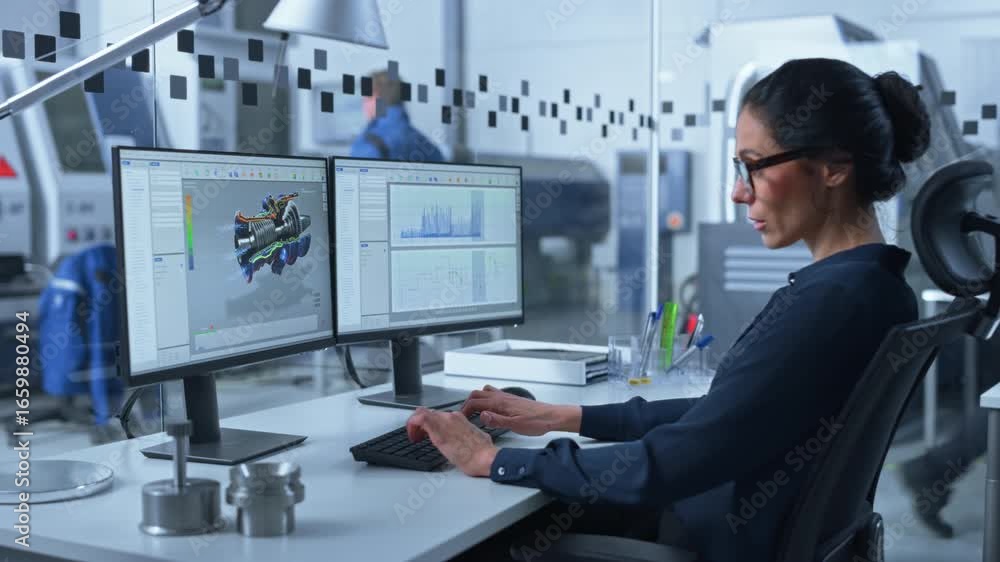 Poster engineer in modern office uses cad software on screens for turbine engine design, focusing on digita