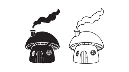 Mushroom house outline and silhouette with smoke
