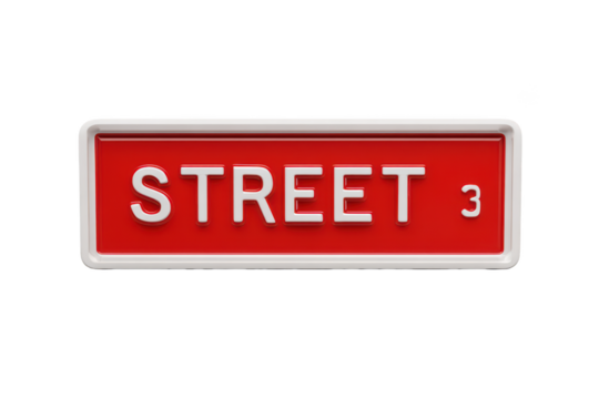 Red and white street sign with "STREET 3" text