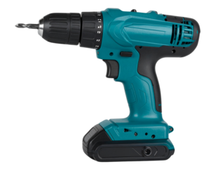 A - Teal Cordless Drill Power Tool, Side View, Isolated on Transparent Background.