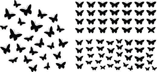 Butterfly silhouette collection with scattered and grid layout, black vector insects on white background, ideal for decoration, design templates, or nature themes
