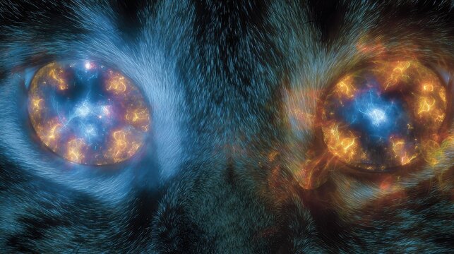 Extreme close-up of cat's eyes with irises resembling cosmic fiery nebulae, artistic sci-fi concept