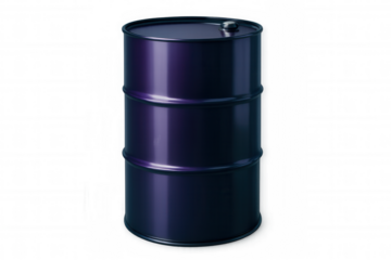 Purple metallic oil barrel isolated on transparent background, symbolizing fossil fuels and petroleum products