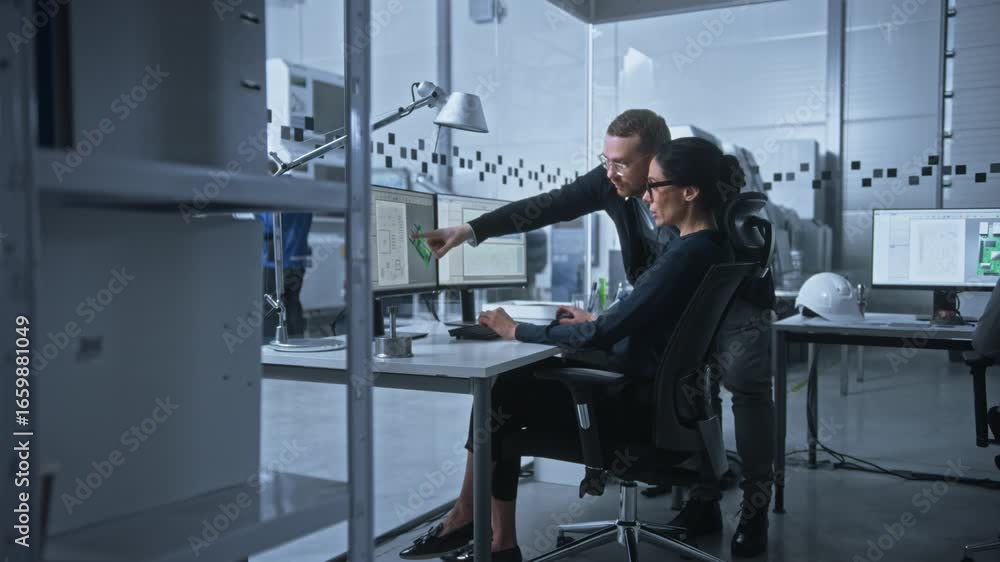 Poster engineers in a high-tech office collaborate on turbine engine design using cad software on monitors,