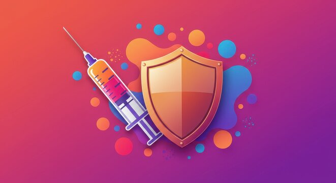 colorful syringe and shield illustration with floating bubbles on pink background, symbolizing health protection and vaccination. national immunization awareness month and healthcare campaign