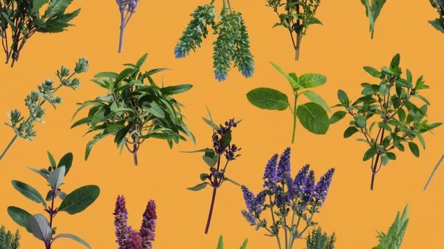 A vibrant flat lay pattern of various fresh herbs and flowering medicinal plants. Aromatic green botanicals like mint and sage on a bright orange background.