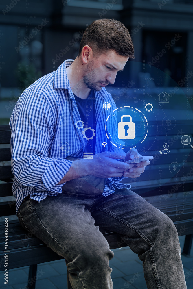 Poster Man using smartphone on park bench while engaging with digital security icons in an urban setting