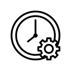 Clock and Gear Icon Depicting Time Management in Simple Black and White Design