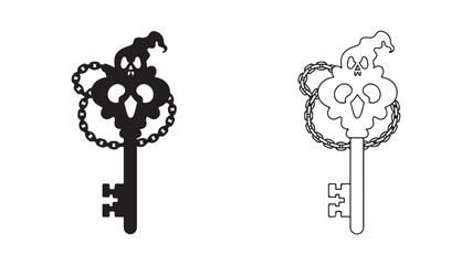 Skull key with chain, black and white outline