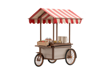 Charming, empty produce cart with red and white striped awning, perfect for fresh food sales