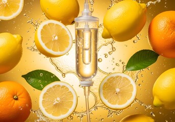 Vitamin C Infusion Therapy with IV Drip and Fresh Citrus Fruits for Medical Wellness.
