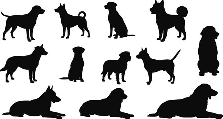 Dog breed silhouette collection, various dog poses, sitting, standing, lying down, black vector set for pet illustration, design, and animal graphics