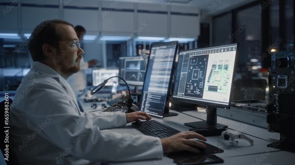 Poster male engineer in a microchip design factory works on monitors, developing advanced semiconductor cir