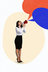 Trend artwork banner 3D photo collage of businesswoman young lady stand hand hold megaphone talk...