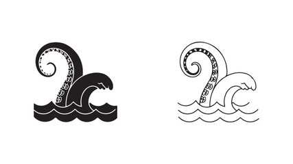 Octopus rising from ocean waves outline style