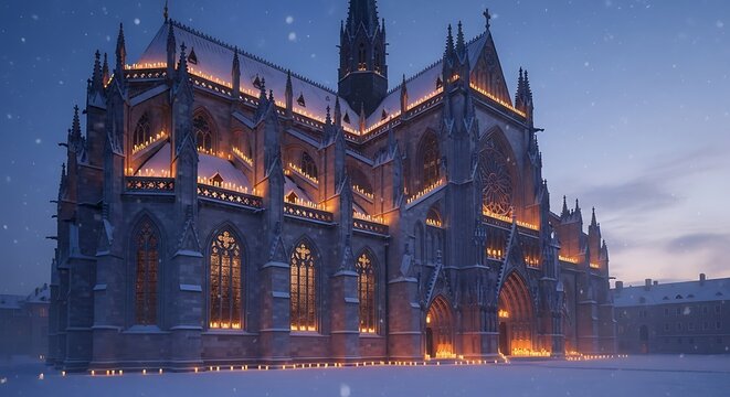 Winter Night at Gothic Cathedral with Candle Illumination and Snowfall