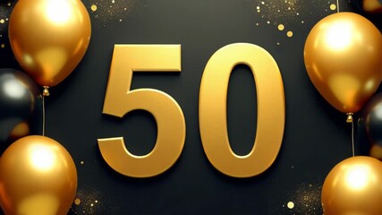 Golden 50th birthday party celebration background with golden numbers, balloons. Party invitation menu template design. Festive black, gold decor. Jubilee celebration golden wedding.
