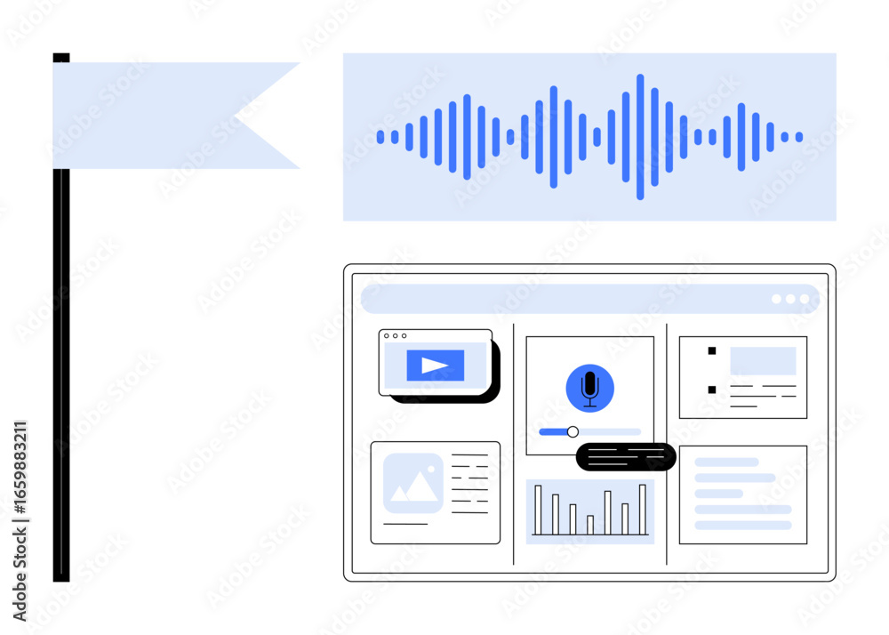 Poster dashboard interface with analytics, multimedia, and notification alert, complemented by a sound wave