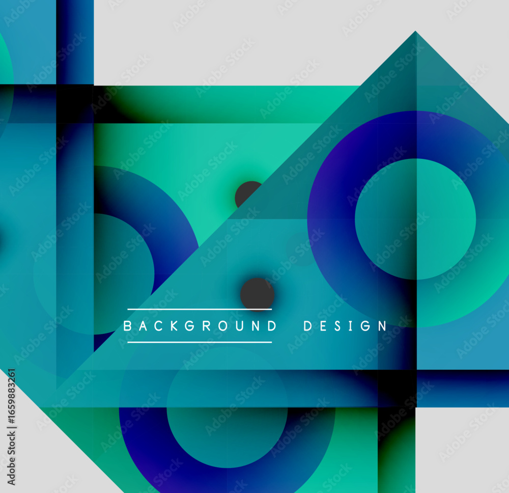 Poster abstract geometric composition. blue, turquoise gradients form shapes. modern design elements overla