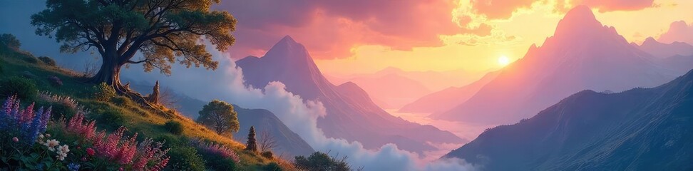 Fototapeta premium Ethereal Mountain Landscape A Serene Vista Inspiring Peace, Wonder, and Spiritual Exploration