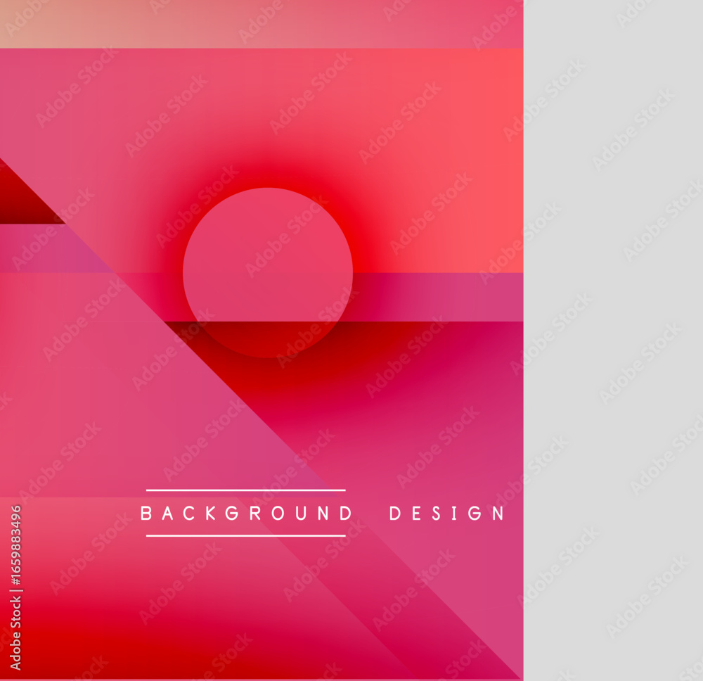 Poster abstract geometric composition. red gradients dominate, featuring circle, triangles, rectangles. min