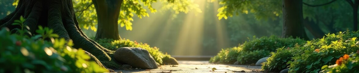 Serene Garden Meditation Space Sunlight Dappling Through Leaves, Peaceful Outdoor Mindfulness Retreat