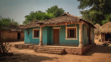 Fototapeta premium A traditional indian village house with a thatched roof and blue walls stands in a rural setting, showcasing the countrys heritage