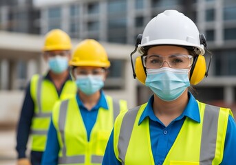 Construction Workers Wearing Safety Gear and Protective Masks at Worksite.