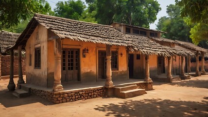 A row of traditional indian village houses with thatched roofs stands in a rural setting, showcasing the countrys heritage