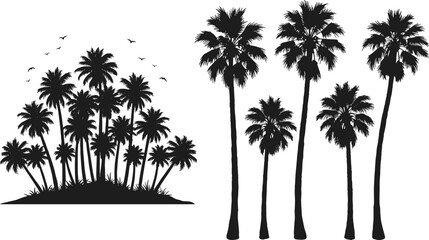 Palm tree silhouette collection, tropical black tree vector, summer beach landscape, exotic forest illustration, coconut palm clipart, isolated nature element © Masum Creatives
