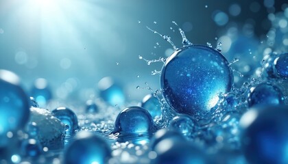 Illustration of methylene blue molecules in fluid environment. Dynamic, abstract composition. Spherical molecular shapes in light blue color with transparency, optical motion, expansion. Scientific,