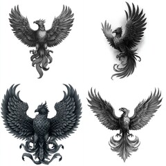 Obraz premium Black Phoenix with Outstretched Wings in Detailed Monochrome Fantasy Illustration