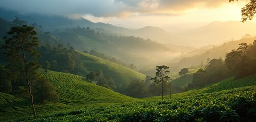 Misty sunrise over rolling green hills with terraced fields. Rows of tea plantation plants on slopes. Morning sunlight over nature mountain landscape. Coorg agricultural farmland, calm rural scenery.