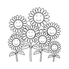 Sunflower Garden Scene Line Drawing for Nature and Coloring Pages, Cute, Funny
