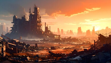 Fototapeta premium Endless desert of shattered glass and decayed megastructures, where dead batteries and rusting steel form a haunting post-human relic—an eerie monument to excess and extinction.