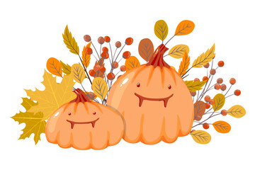 Hand drawn cartoon Halloween pumpkins with teeth and autumn leaves