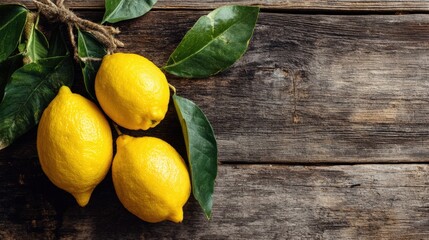 Fresh Juicy Lemons with Green Leaves on Rustic Wooden Background Perfect for Recipes Food Blogs and Culinary Designs