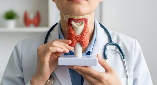 Doctor Holding Thyroid Gland Model for Endocrine System Health and Medical Care.